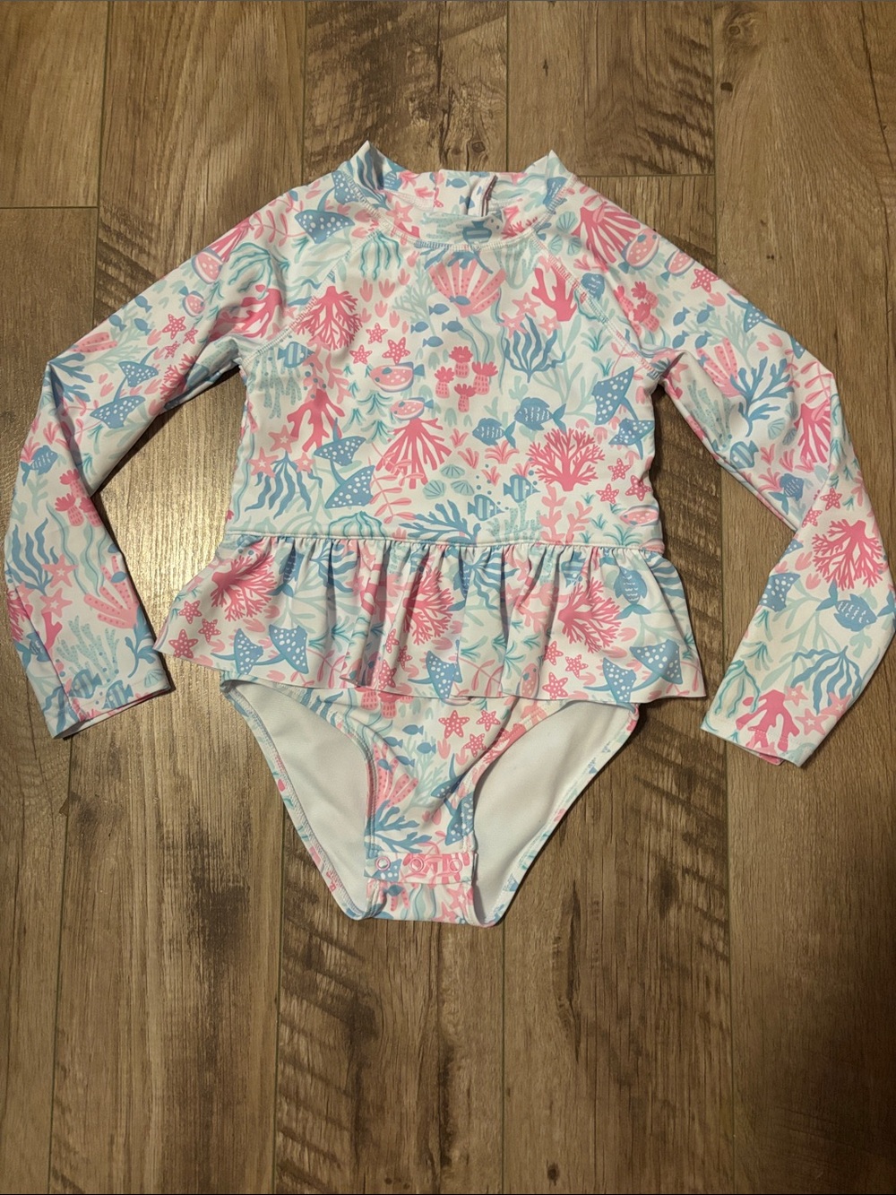 Kids Long-Sleeve Ruffle One-Piece Swimsuit in Pink & Light Blue